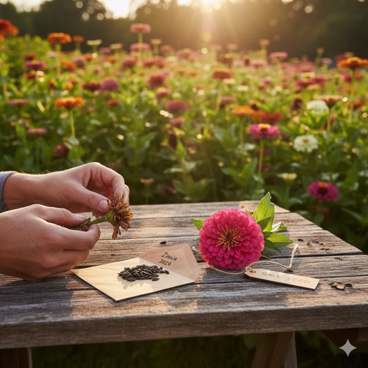 Dried zinnia flower head being harvested for seed saving next to a vase of fresh, vibrant, continuously blooming zinnias.