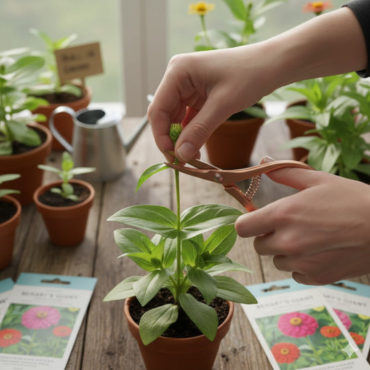 Close-up of hands pinching the top off a young zinnia seedling with sharp snips to encourage more cut flowers