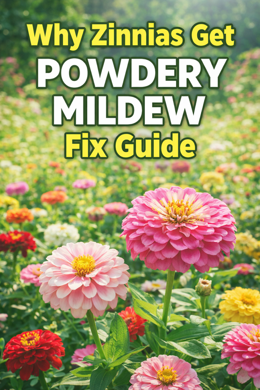 Zinnia powdery mildew fix guide showing healthy zinnias and how to prevent and treat powdery mildew on zinnia plants