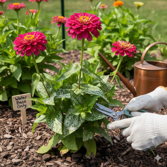 Gardener trimming zinnia leaves with powdery mildew, with a watering can and "water base only" sign in a garden