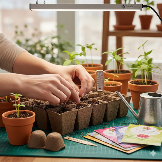 Close-up of zinnia seeds being planted in a seed starting tray or small pot with gardening tools