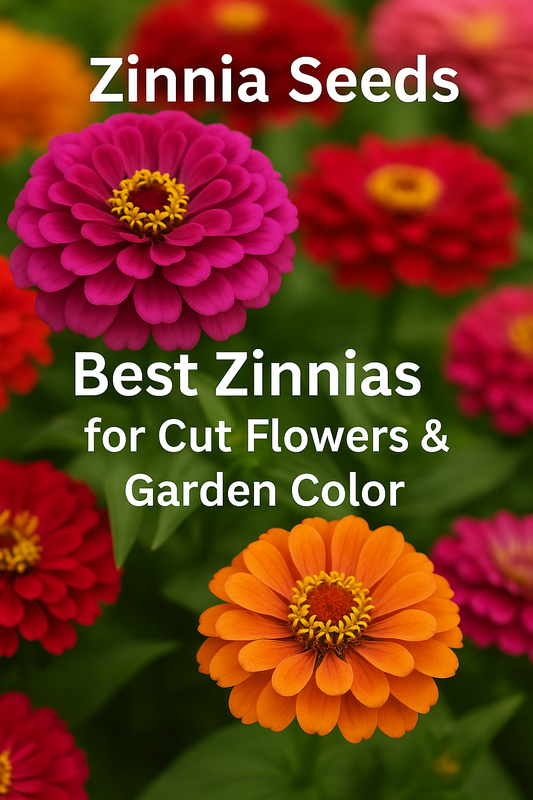 Colorful zinnia flowers with a title promoting the guide to the best zinnia seeds for cut flowers and summer-long garden color.