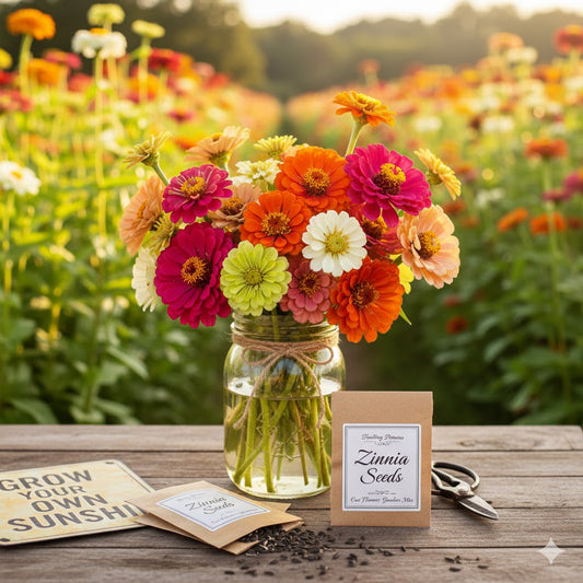 Vibrant zinnia flower bouquet with seed packets in a blooming field.