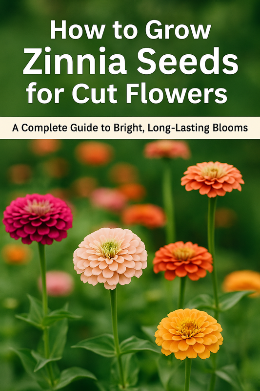 Colorful zinnia flowers blooming in a summer garden, showcasing vibrant pink, peach, orange, and yellow blooms grown from seed for cut flower arrangements