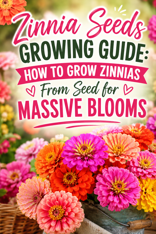 Colorful zinnia flowers in pink, orange, yellow, and coral with text about growing zinnias from seed for massive blooms.