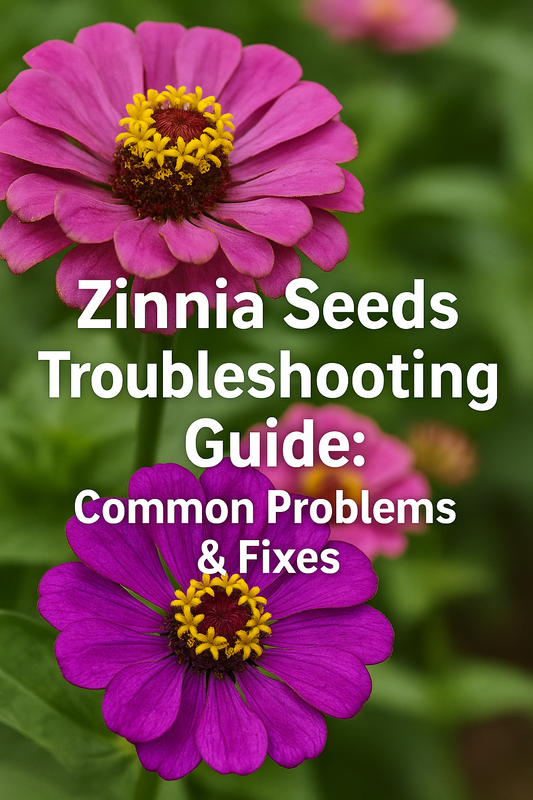 Zinnia plants with text promoting a troubleshooting guide for fixing yellow leaves, mildew, and bloom issues.
