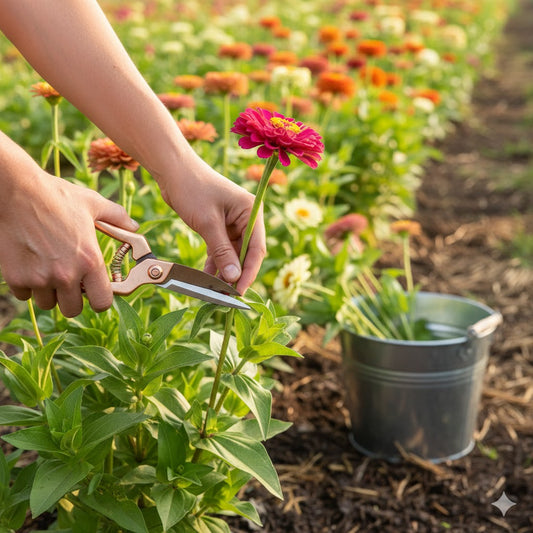 Close-up shot illustrating the "Wiggle Test" to check if a zinnia stem is stiff enough for harvest and long vase life