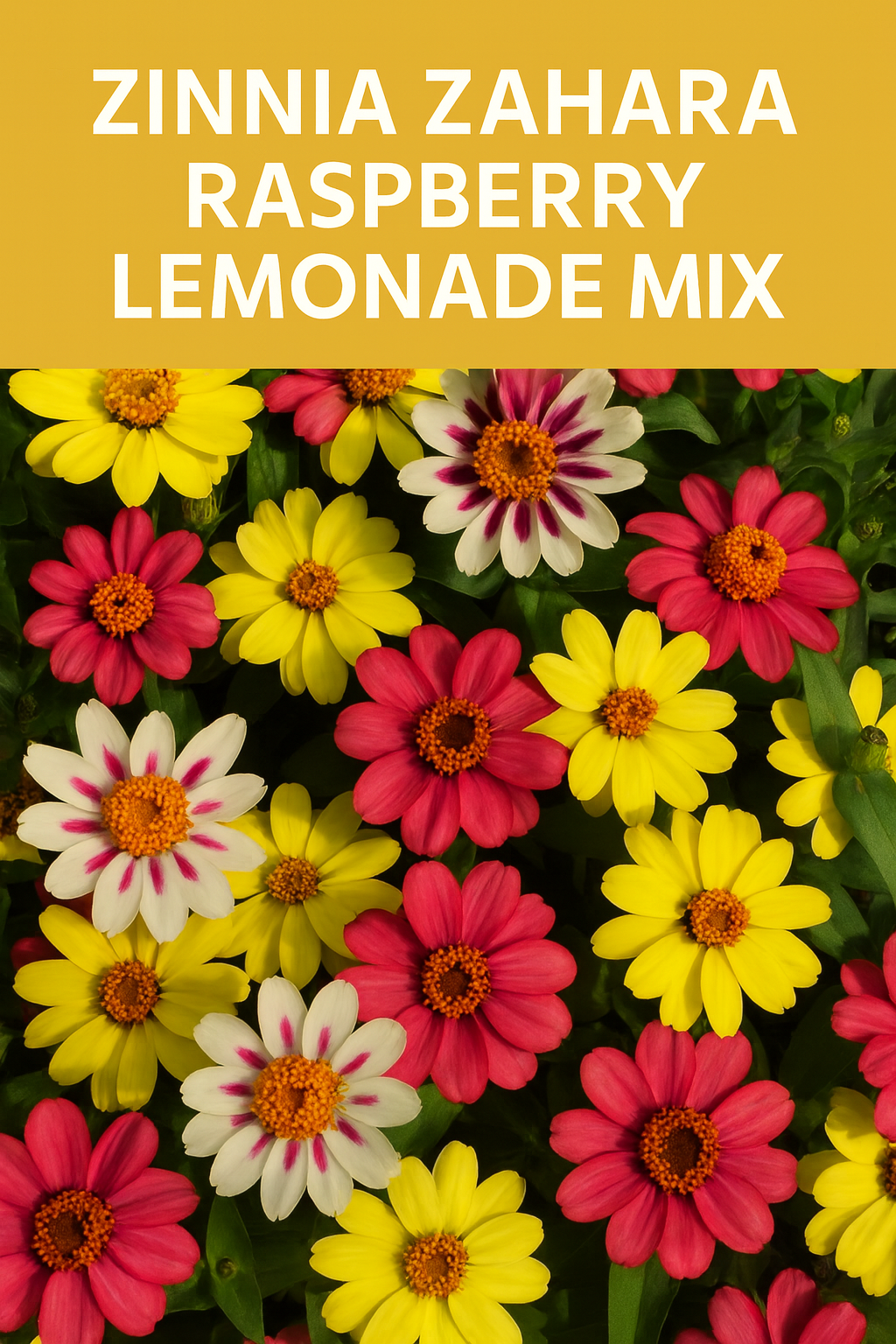 Zinnia Zahara Raspberry Lemonade Mix – vibrant pink, yellow, and white flowers blooming together