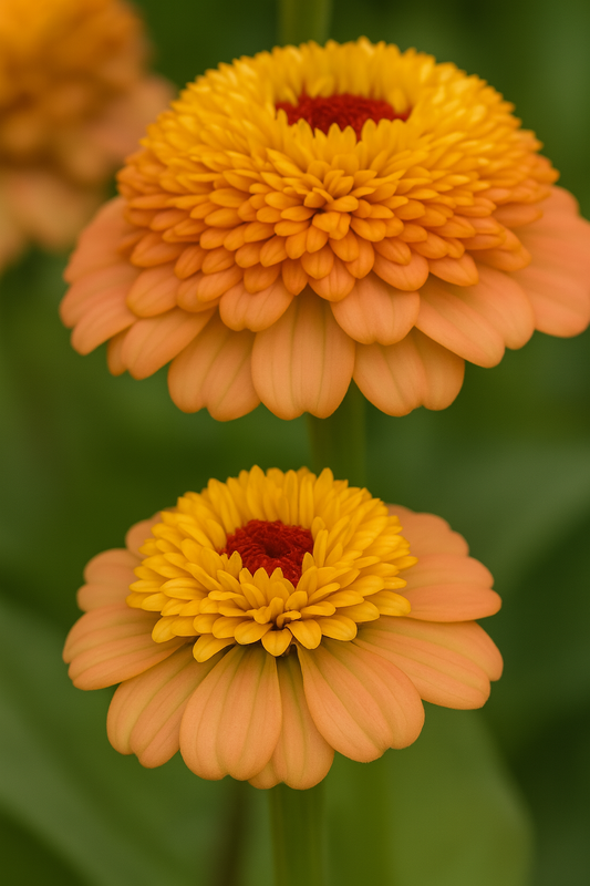 Zinnia Zinderella Peach double bloom flower with soft peach petals and golden center in summer garden