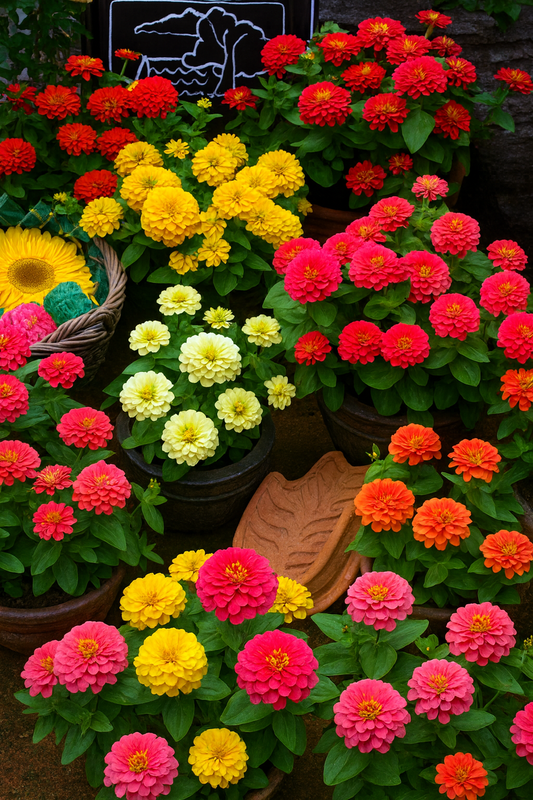 Zinnias Dreamland Mix blooming in vibrant garden display