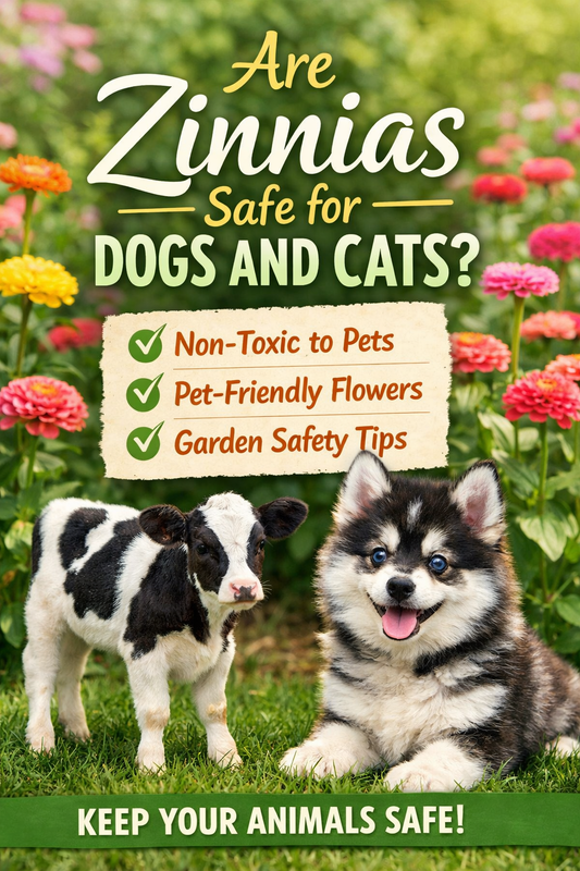 Zinnias safe for dogs and cats with pomsky puppy and miniature cow in colorful flower garden showing pet-friendly flowers