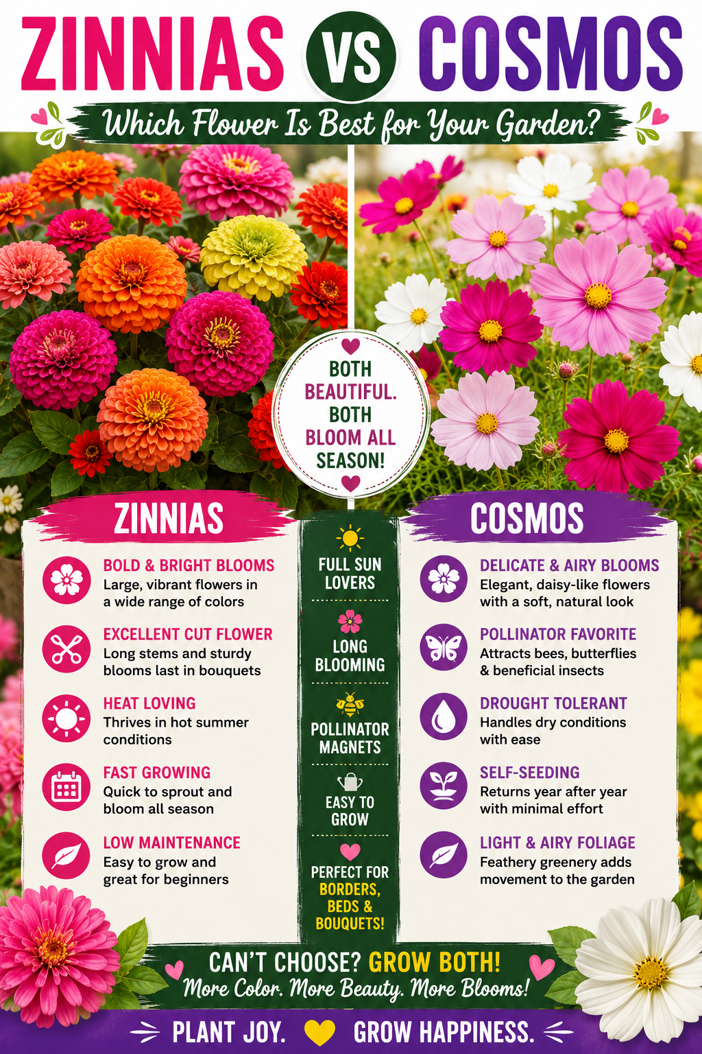 Colorful zinnias and cosmos flowers growing side by side in a summer garden, comparing bloom shape, pollinator value, and cut flower performance.