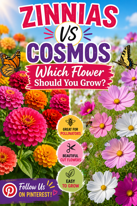 Colorful Zinnias and graceful Cosmos flowers growing side by side, comparing bloom size, pollinator attraction, cut flower quality, and garden performance for home gardeners.