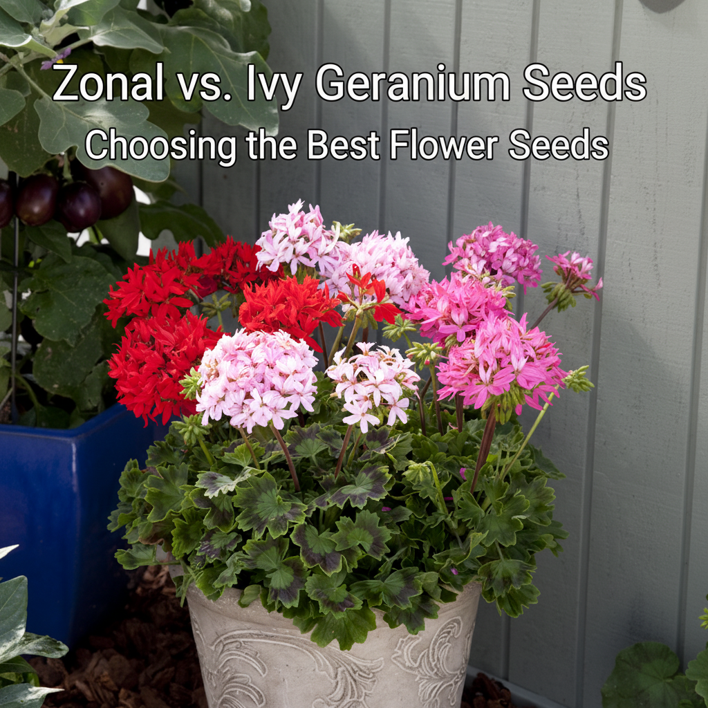 Side-by-side comparison of Zonal and Ivy Geranium flowers, showing differences in bloom style and growth habit. Learn how to choose the best Geranium seeds for your garden.