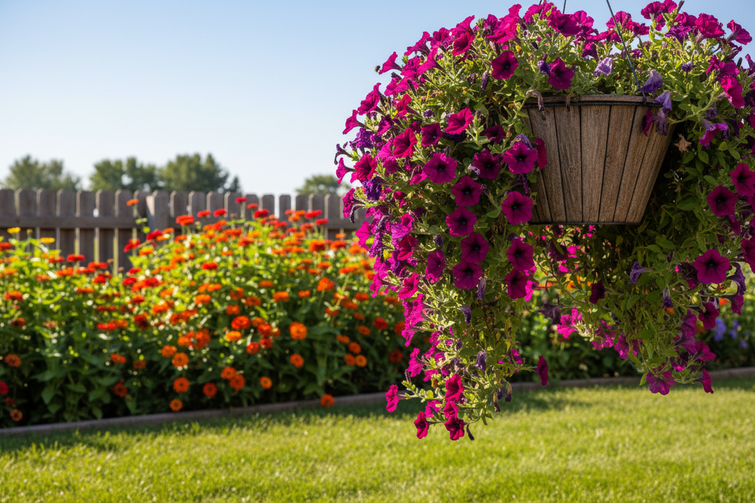 Zone 4-5 Canada flower garden with trailing petunias and zinnias in full summer bloom