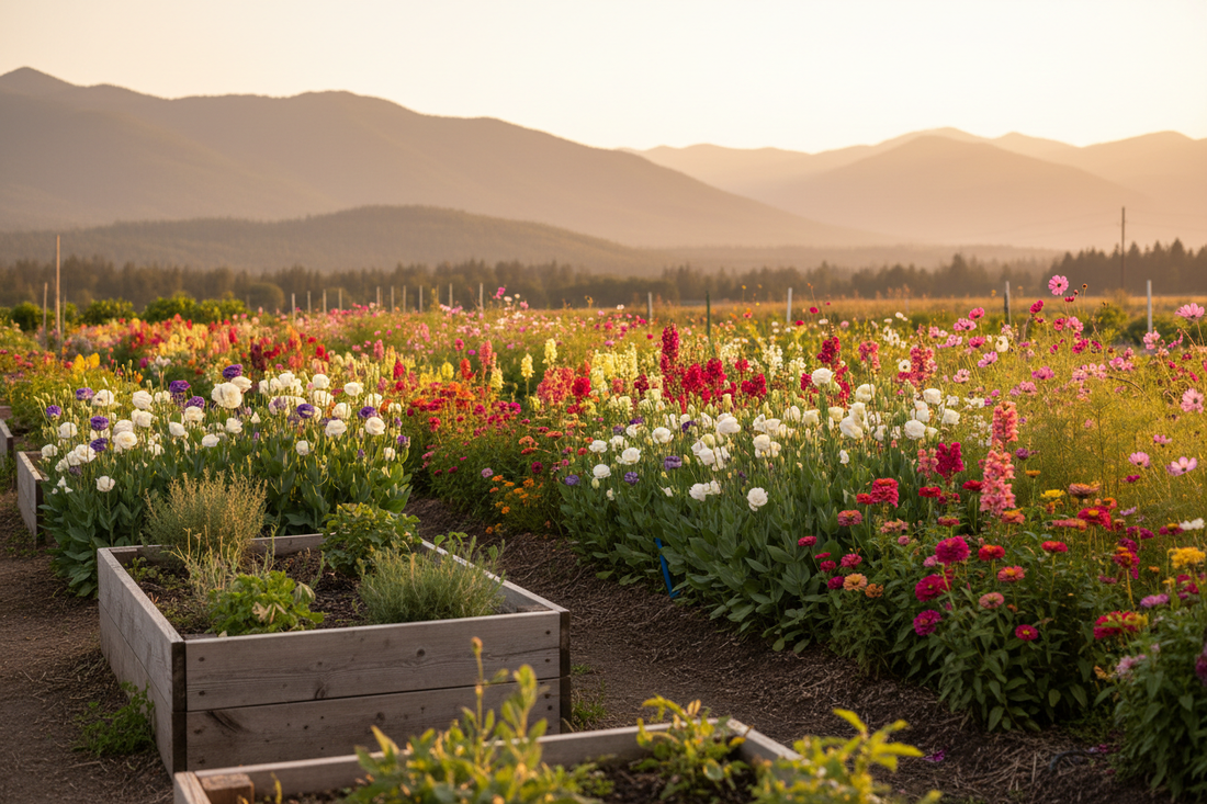 Zone 6 Canada cut flower garden with lisianthus, snapdragons and zinnias in full summer bloom