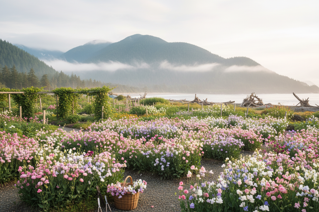 Lisianthus and sweet peas in full bloom in a coastal BC Zone 7–8 flower garden on Vancouver Island