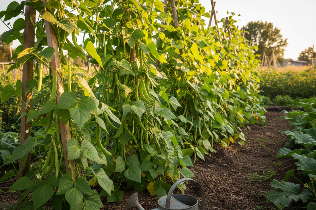 Green bean plants loaded with pods growing in a Zone 8 summer garden — late July and August planting guide