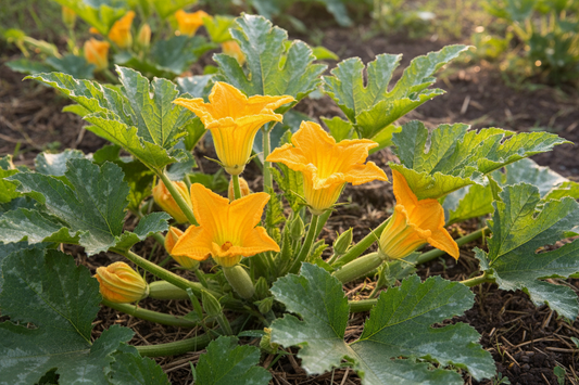 Zucchini plant with open male and female flowers in morning garden sunlight