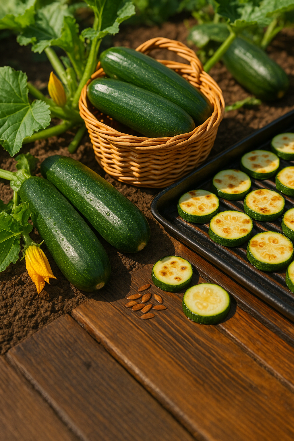 Fresh zucchini harvested from the garden, ideal for grilling and baking recipes.