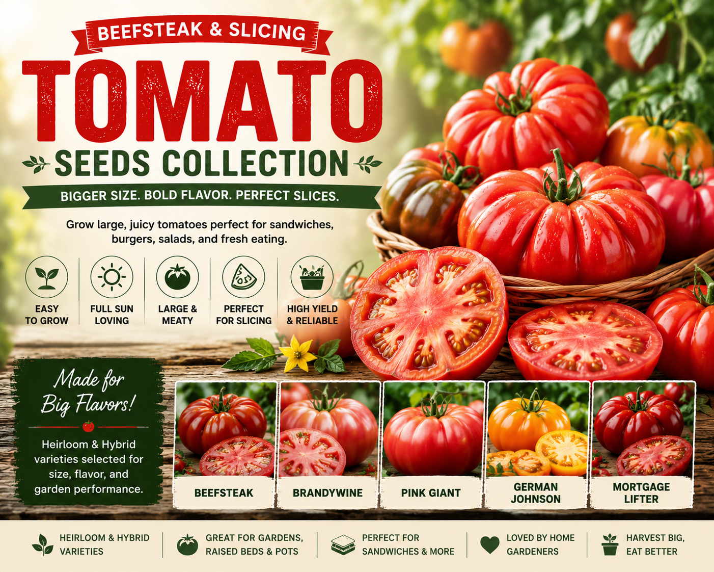 Beefsteak and slicing tomato seeds collection featuring large juicy heirloom tomatoes perfect for sandwiches, burgers, gardens, and raised beds
