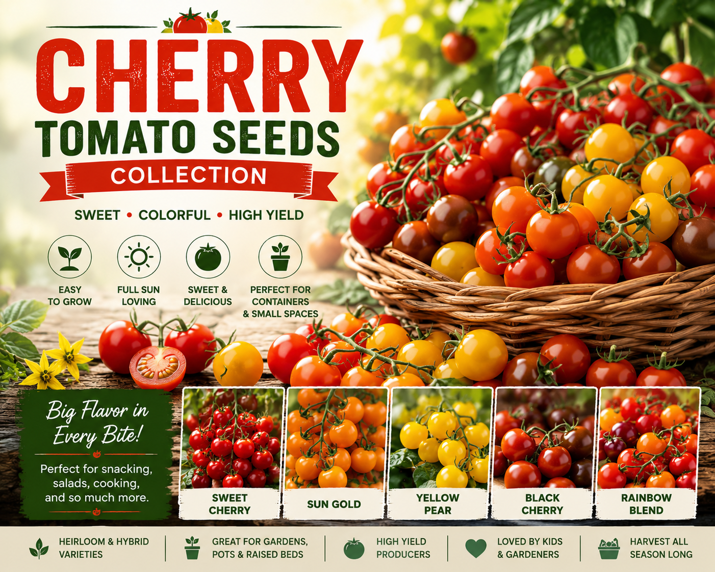 Cherry tomato seeds collection featuring colorful sweet cherry tomato varieties for gardens, containers, raised beds, and greenhouse growing
