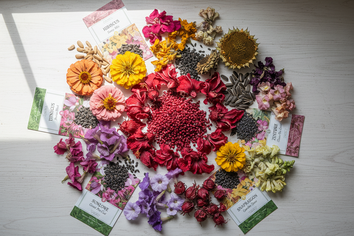 Colorful flower seeds and blooms including hibiscus, zinnia, sunflower, petunia, and snapdragon arranged in a premium flat lay editorial display