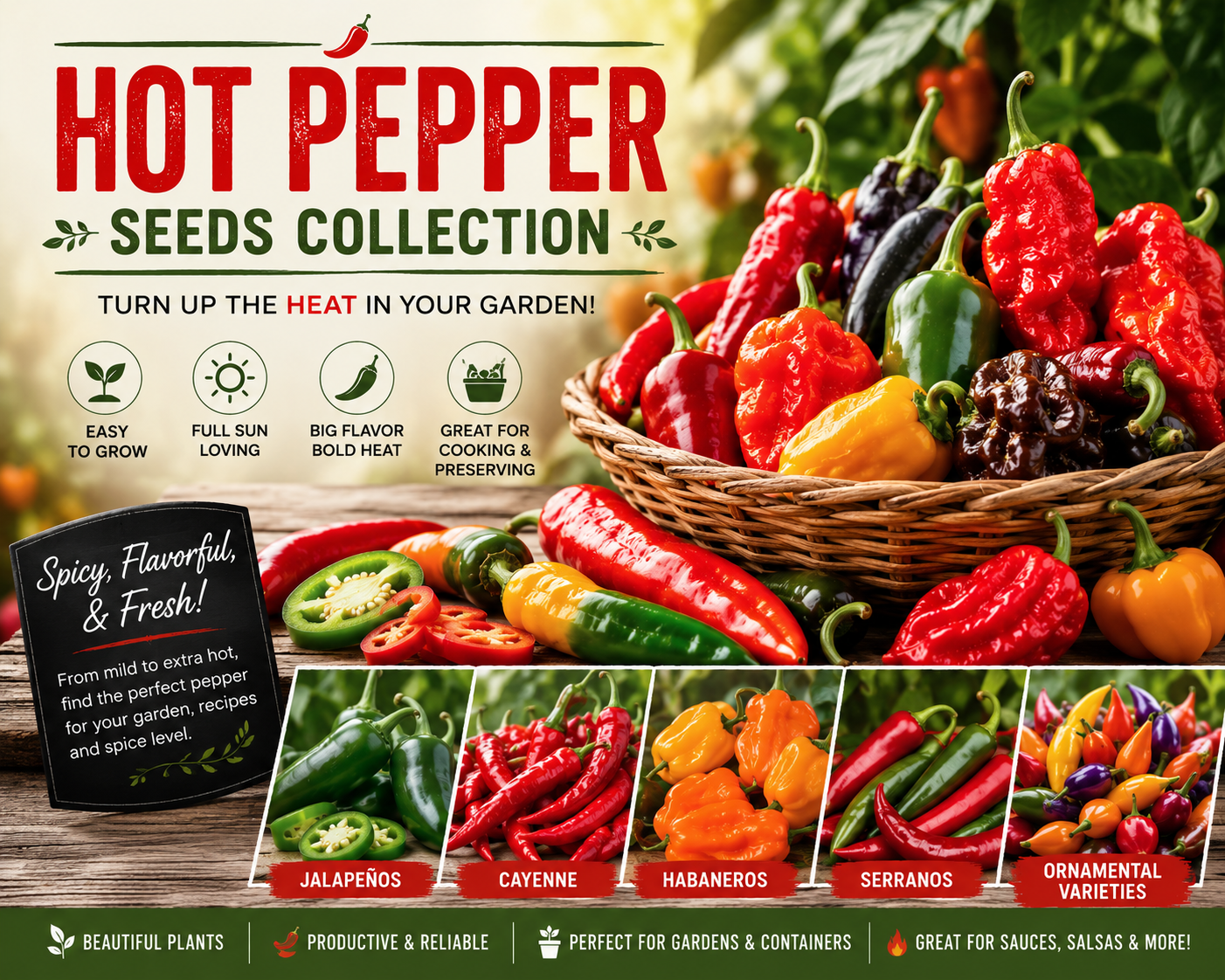 Hot pepper seeds collection featuring jalapeños, habaneros, cayenne peppers, serranos, and colorful spicy pepper varieties for home gardens