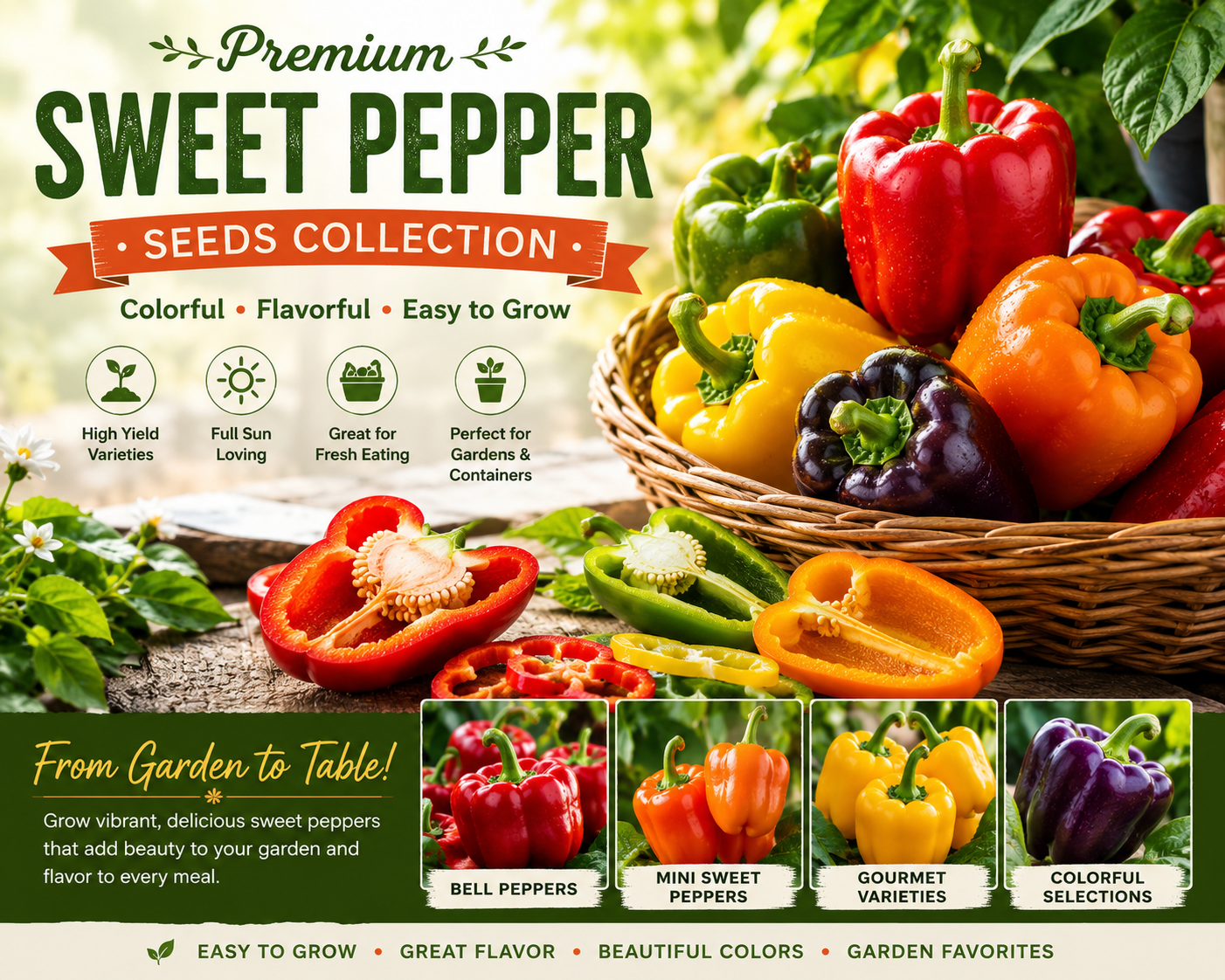 Colorful sweet pepper seed collection featuring red, yellow, orange, and purple bell peppers for home gardens and containers