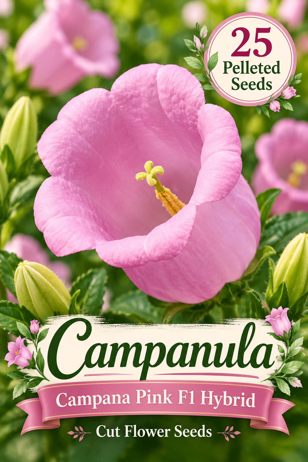 Pink bell-shaped Campana Pink F1 Hybrid campanula bloom with text advertising 25 pelleted cut flower seeds