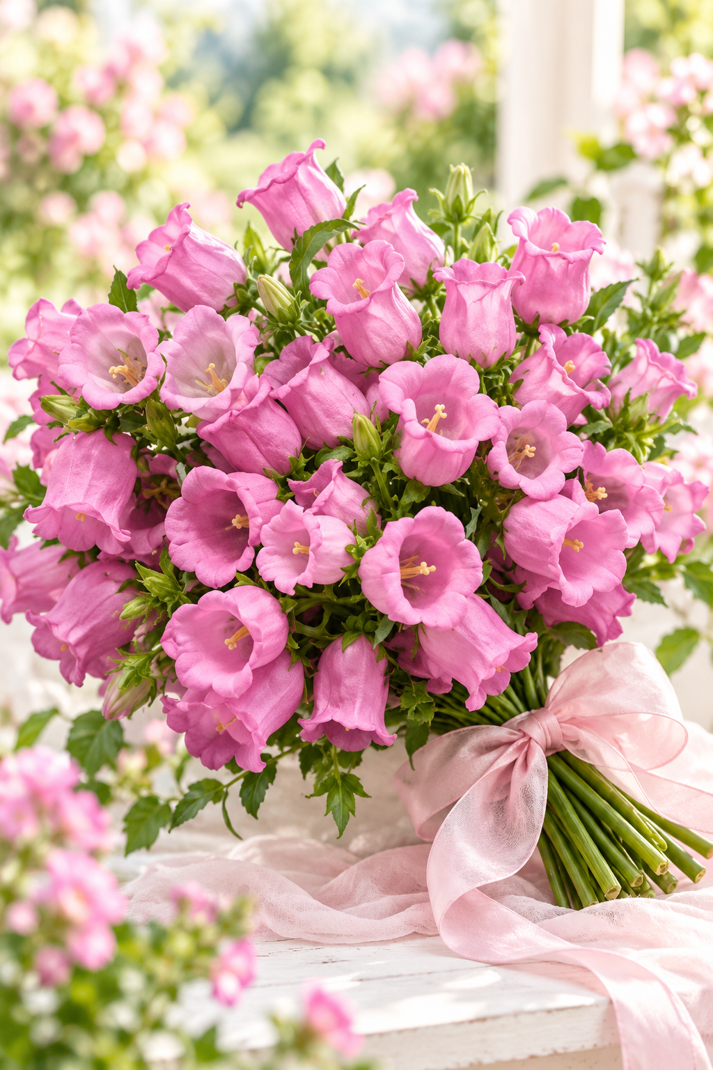 Bouquet of Campana Pink campanula with pink bell-shaped flowers and green stems tied with a pale pink ribbon