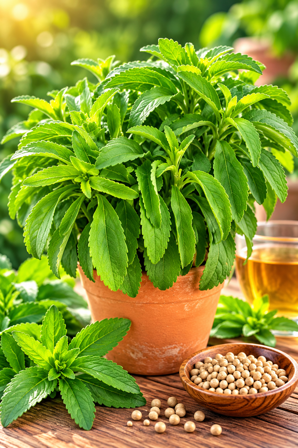Sweet Leaf stevia plant with green serrated leaves in a terracotta pot beside pelleted seeds and a glass of tea