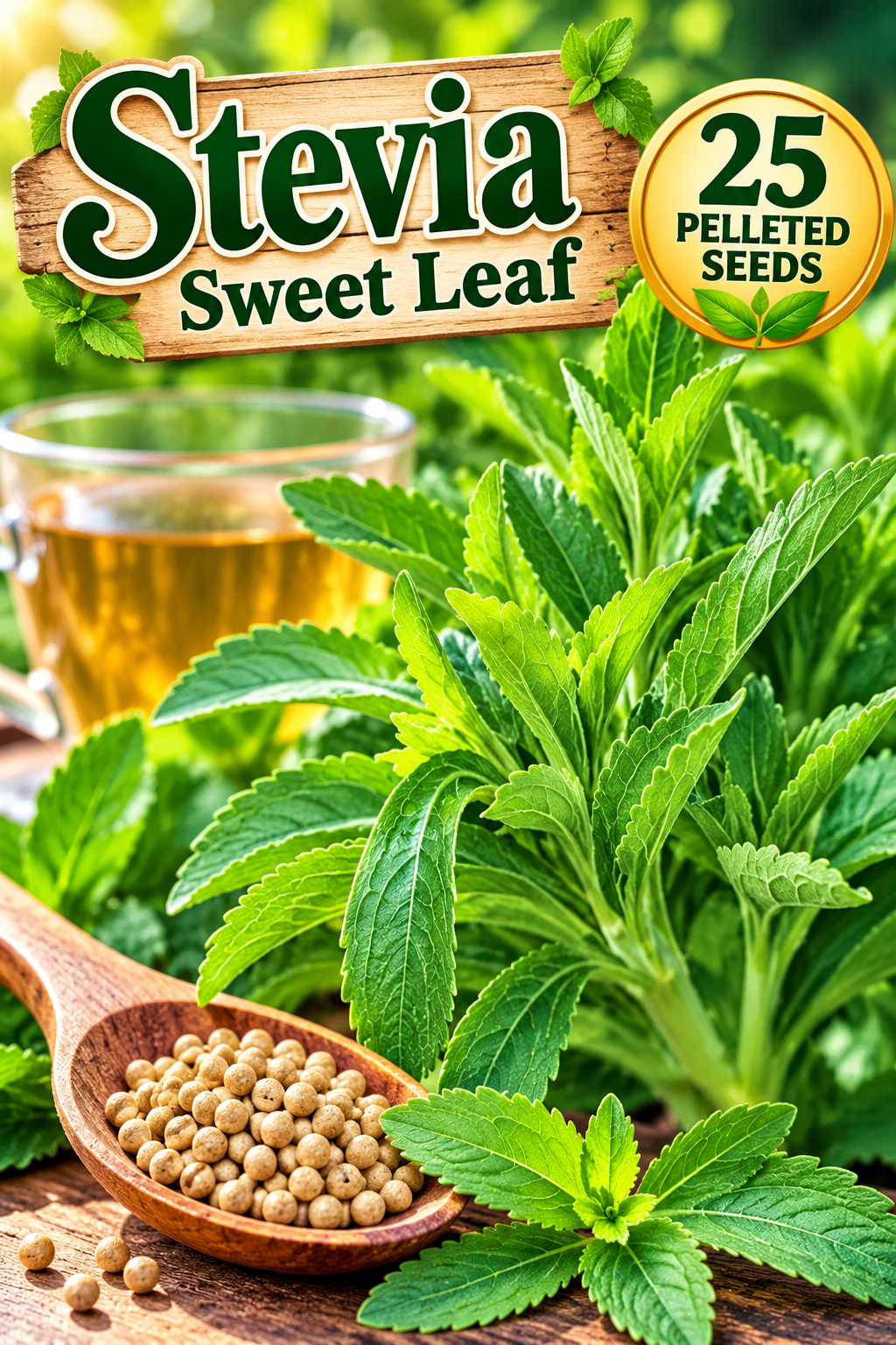 Sweet Leaf stevia foliage beside a wooden spoon of pelleted seeds and a cup of tea, with text advertising 25 pelleted seeds