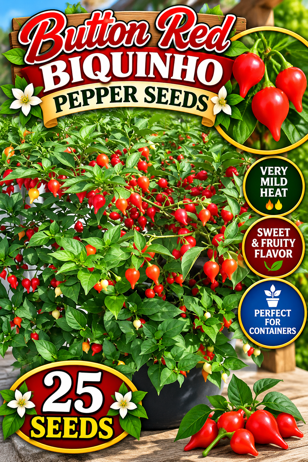 Button Red Biquinho pepper seed promotional image showing a fruit-covered plant, red peppers, and a 25-seed label