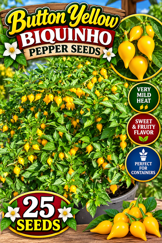 Button Yellow Biquinho pepper seed promotional image showing a fruit-covered plant, yellow peppers, and a 25-seed label