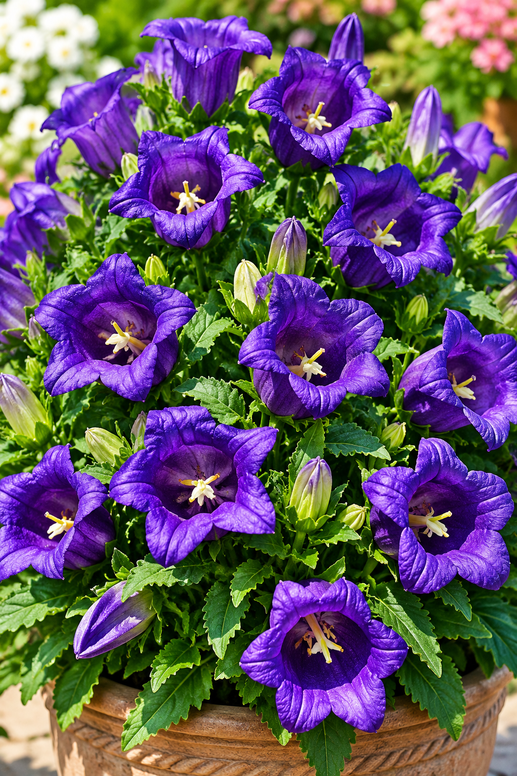 Campanula Appeal Deep Blue bellflowers blooming in a patio pot⠋