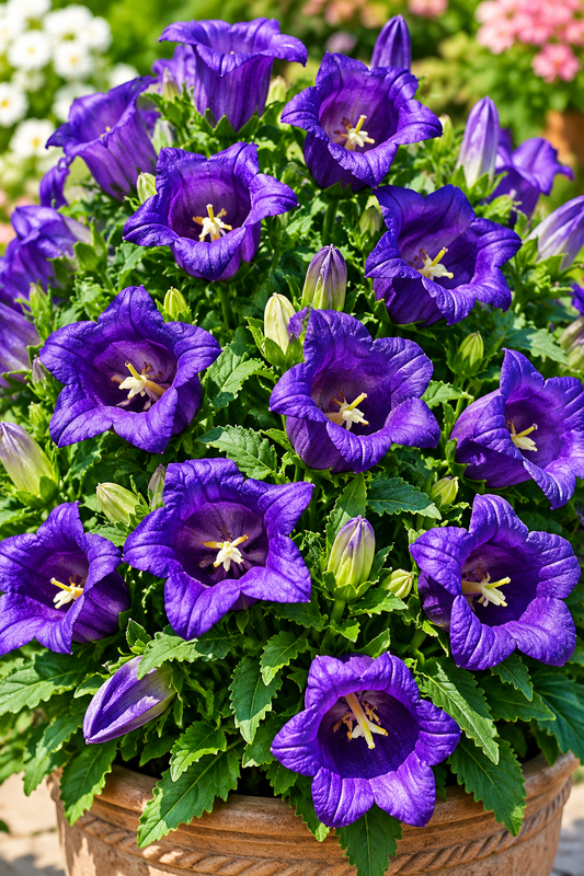 Campanula Appeal Deep Blue bellflowers blooming in a patio pot⠋