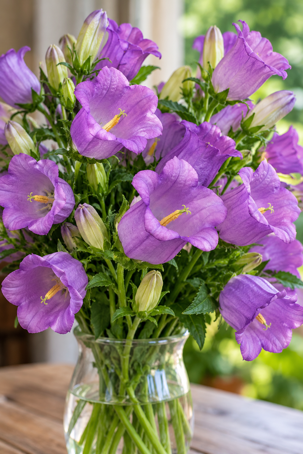 Campanula Campana Lilac flower stems in a glass vase