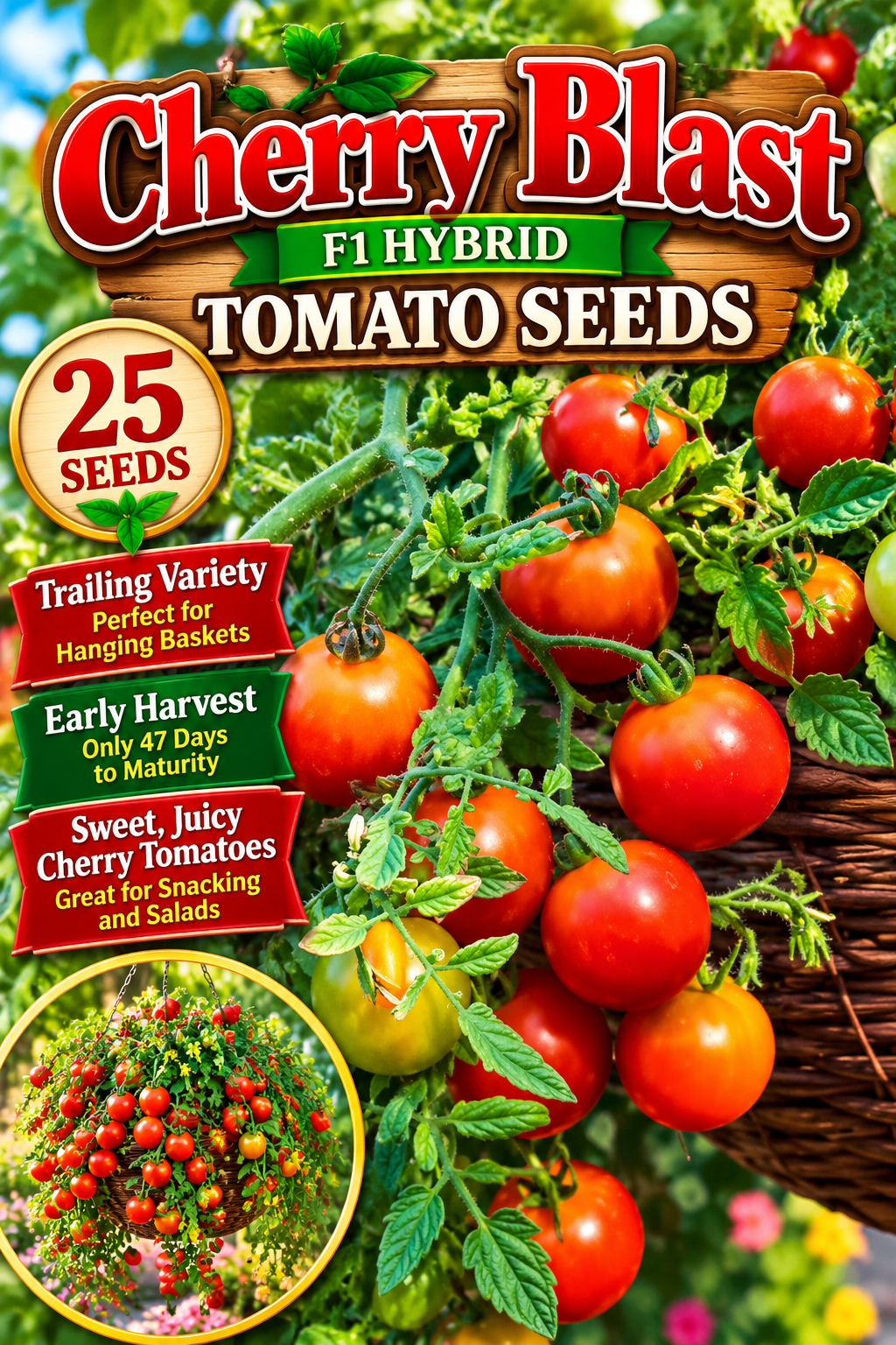 Cherry Blast F1 tomato seed graphic featuring 25 seeds and trailing cherry tomatoes