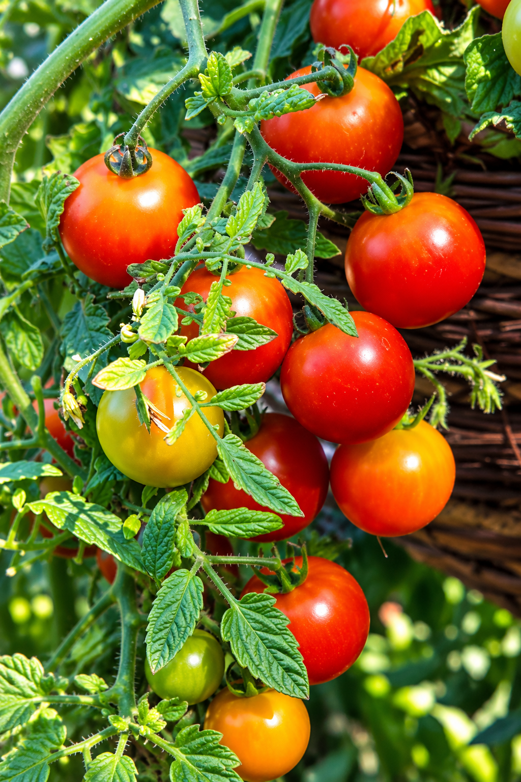 Close-up of red and green Cherry Blast F1 tomatoes ripening on trailing vines.