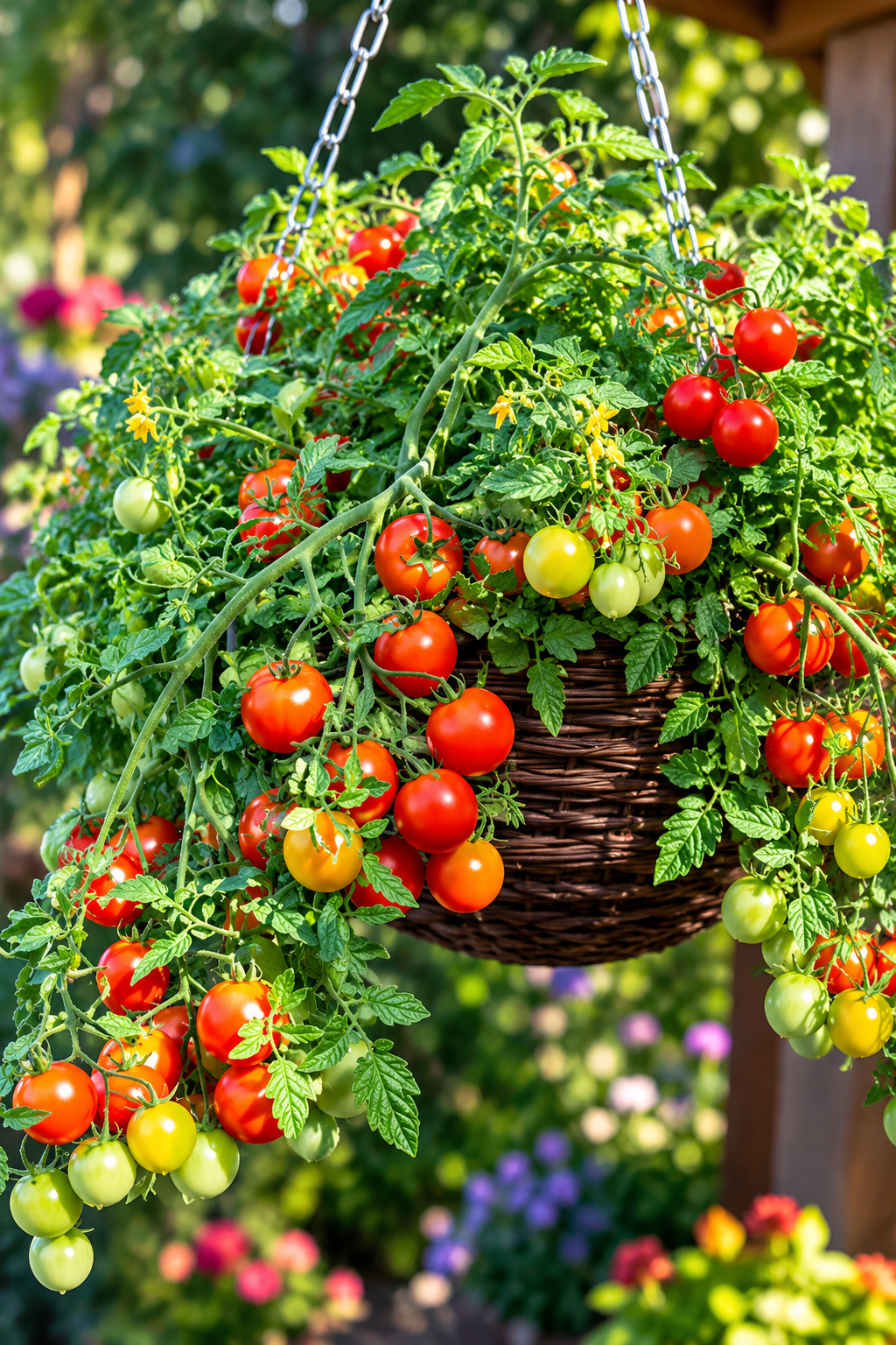 Cherry Blast F1 cherry tomatoes cascading from a hanging basket.