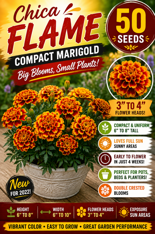 A promotional graphic for Chica Flame Compact Marigold seeds, showing a potted cluster of orange and yellow marigold flowers, a circular '50 Seeds' badge, and multiple text callouts with icons describing plant characteristics, growing conditions, and benefits.