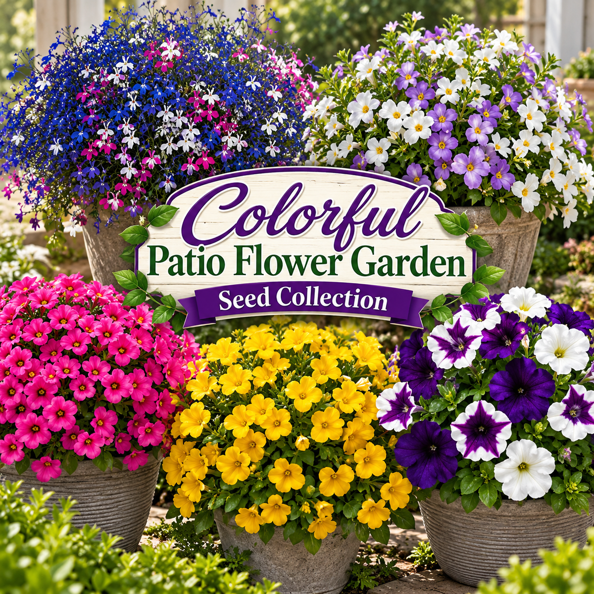 Colorful Patio Flower Garden Seed Collection with pots of pink and yellow calibrachoa, mixed lobelia, bacopa and purple-and-white petunias
