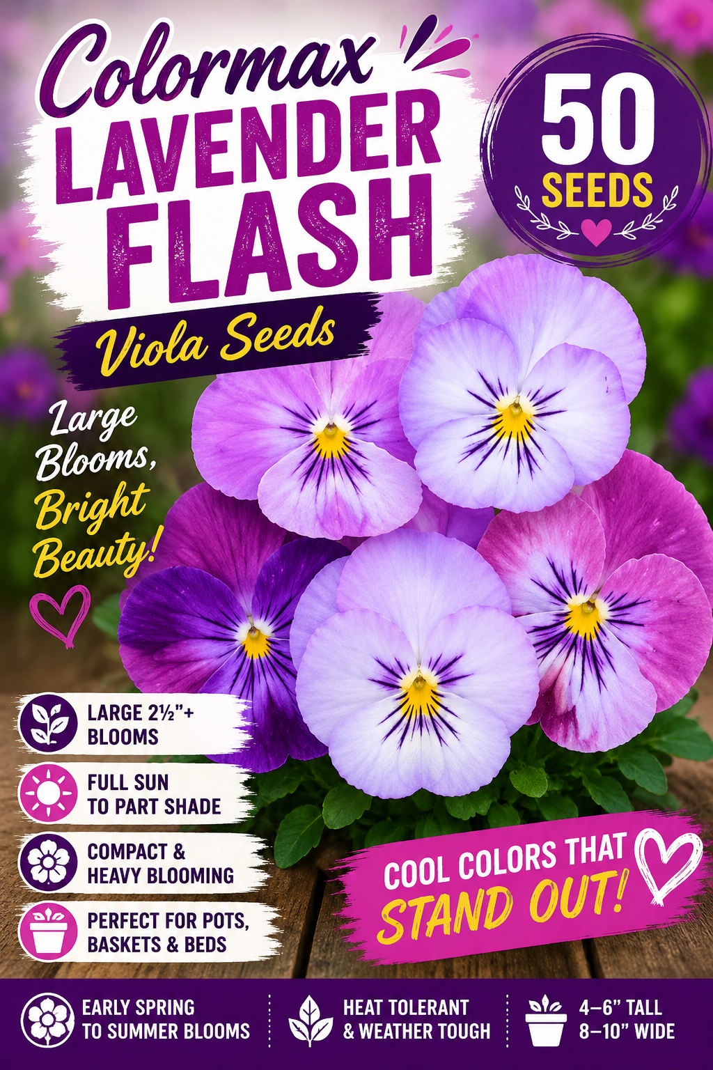 Viola Seeds Colormax Lavender Flash 50 Flower Seeds