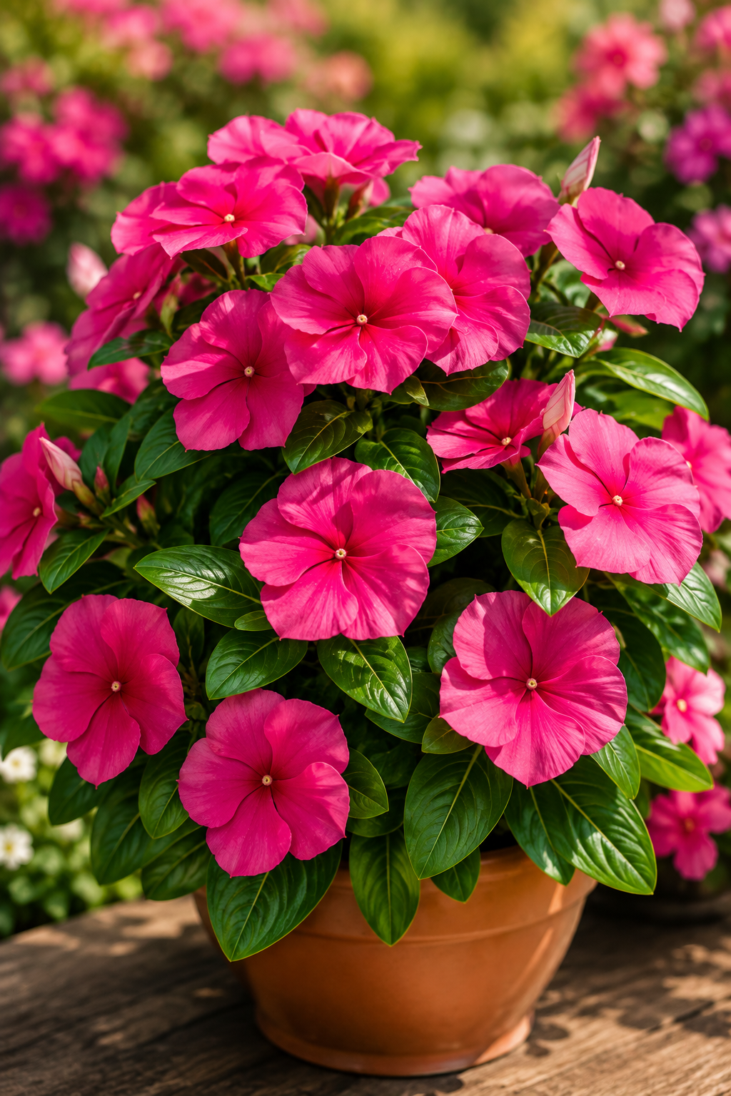 A potted plant of vibrant pink flowers with glossy green leaves, sitting on a rustic wooden surface with a soft-focus garden background.