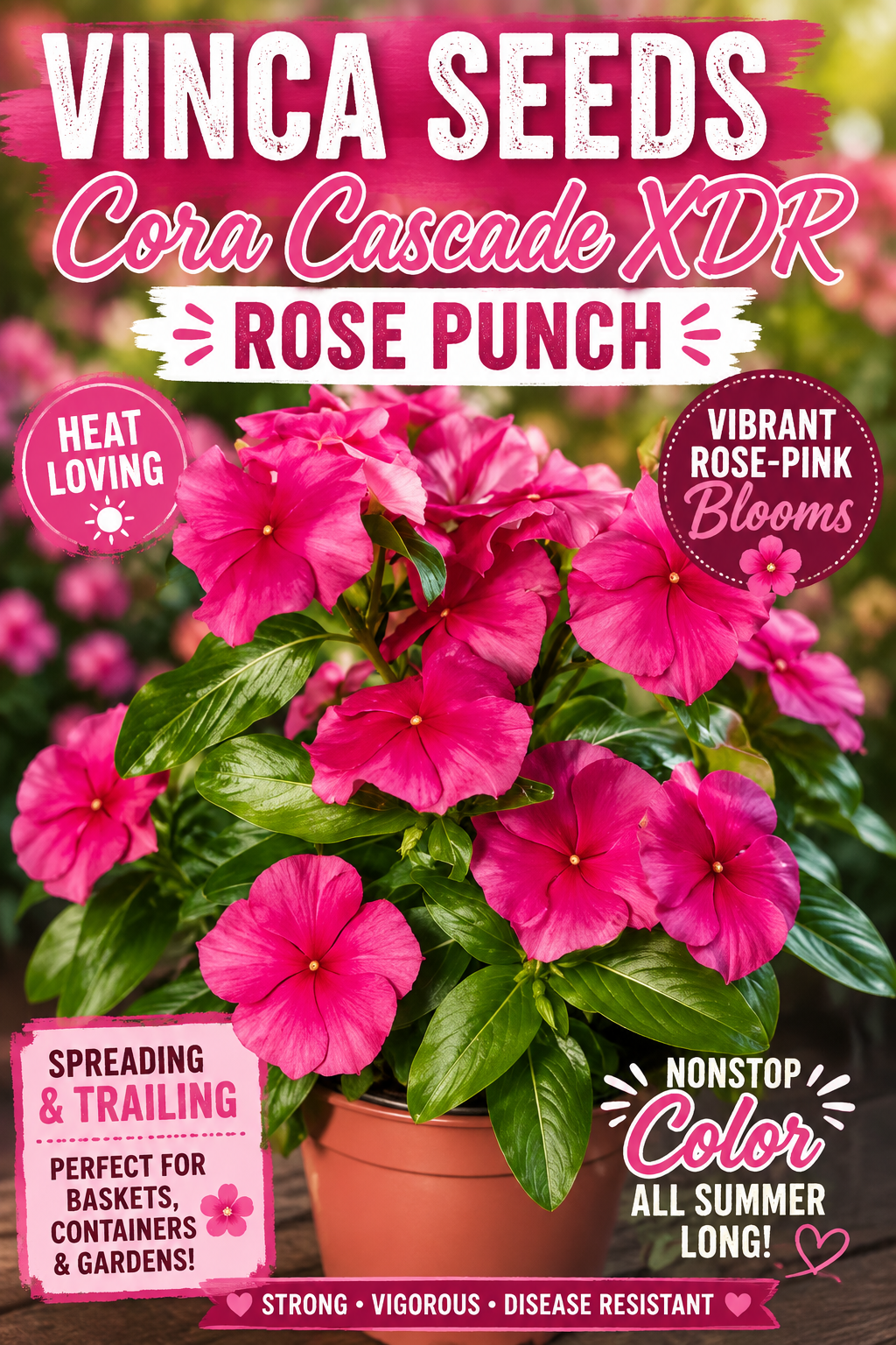 Promotional product graphic for Vinca Seeds 'Cora Cascade XDR' rose punch seeds, showing a potted plant with bright pink flowers and green leaves, with large text overlays describing the product and growing benefits.