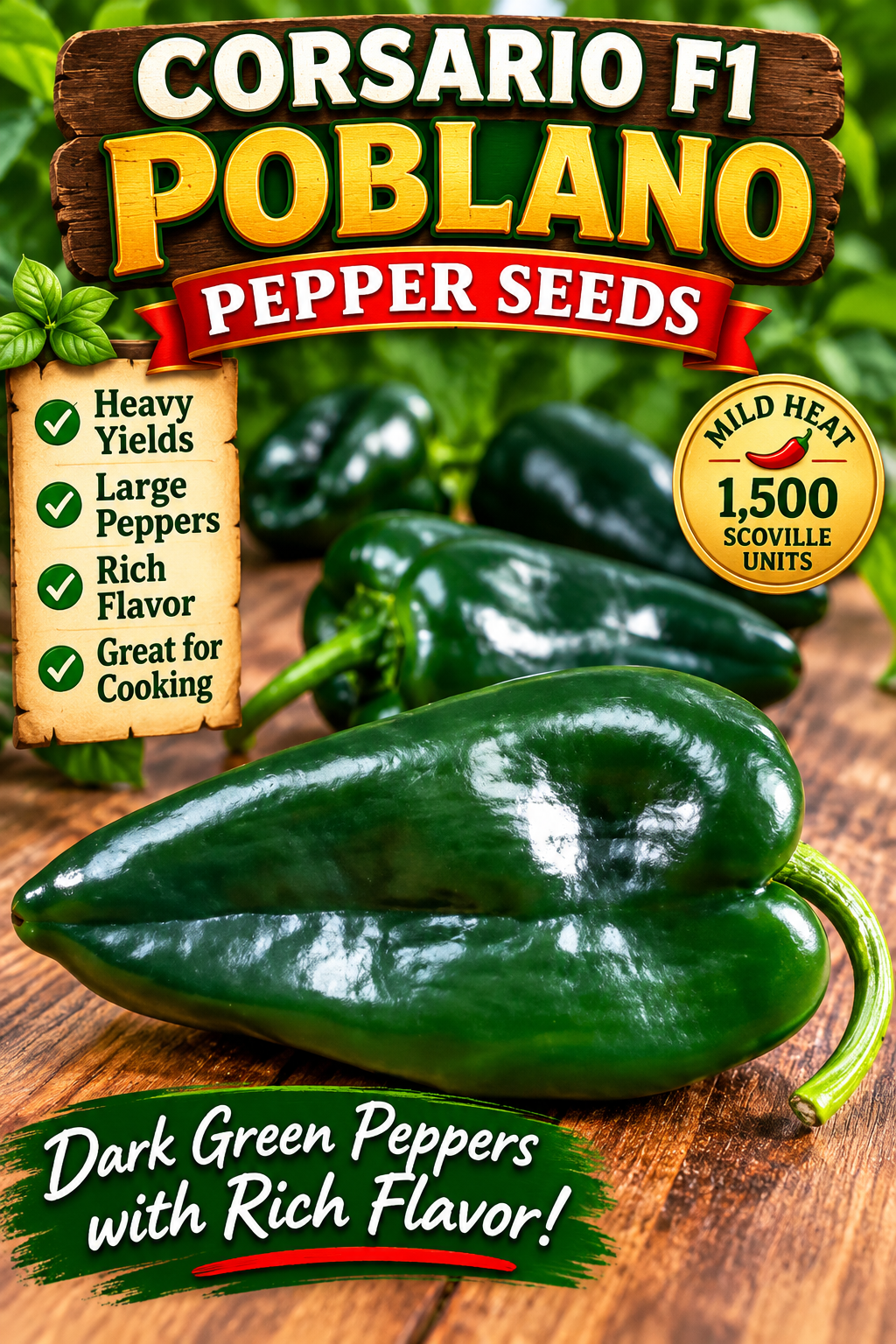Corsario F1 hybrid poblano pepper seeds graphic featuring a large dark green poblano pepper on a rustic wooden table, highlighting heavy yields, large peppers, rich flavor, and mild 1,500 Scoville heat