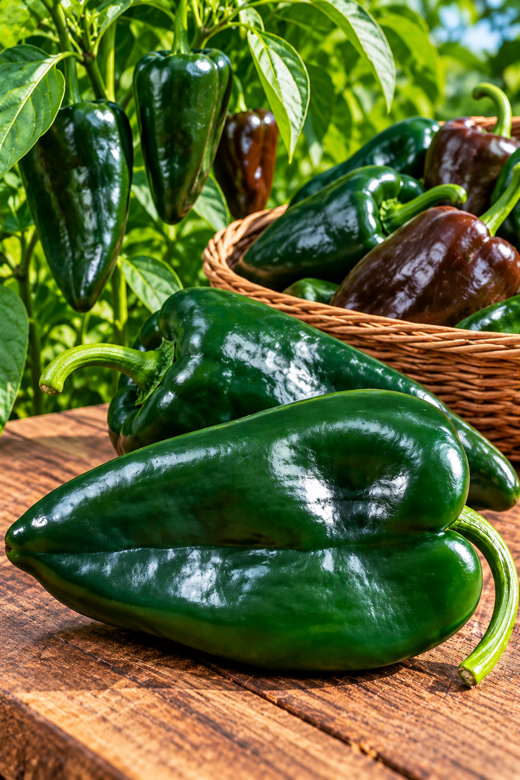 Fresh Corsario F1 poblano peppers shown dark green and ripening to chocolate brown, with a basket of harvested peppers and pepper plants in the background