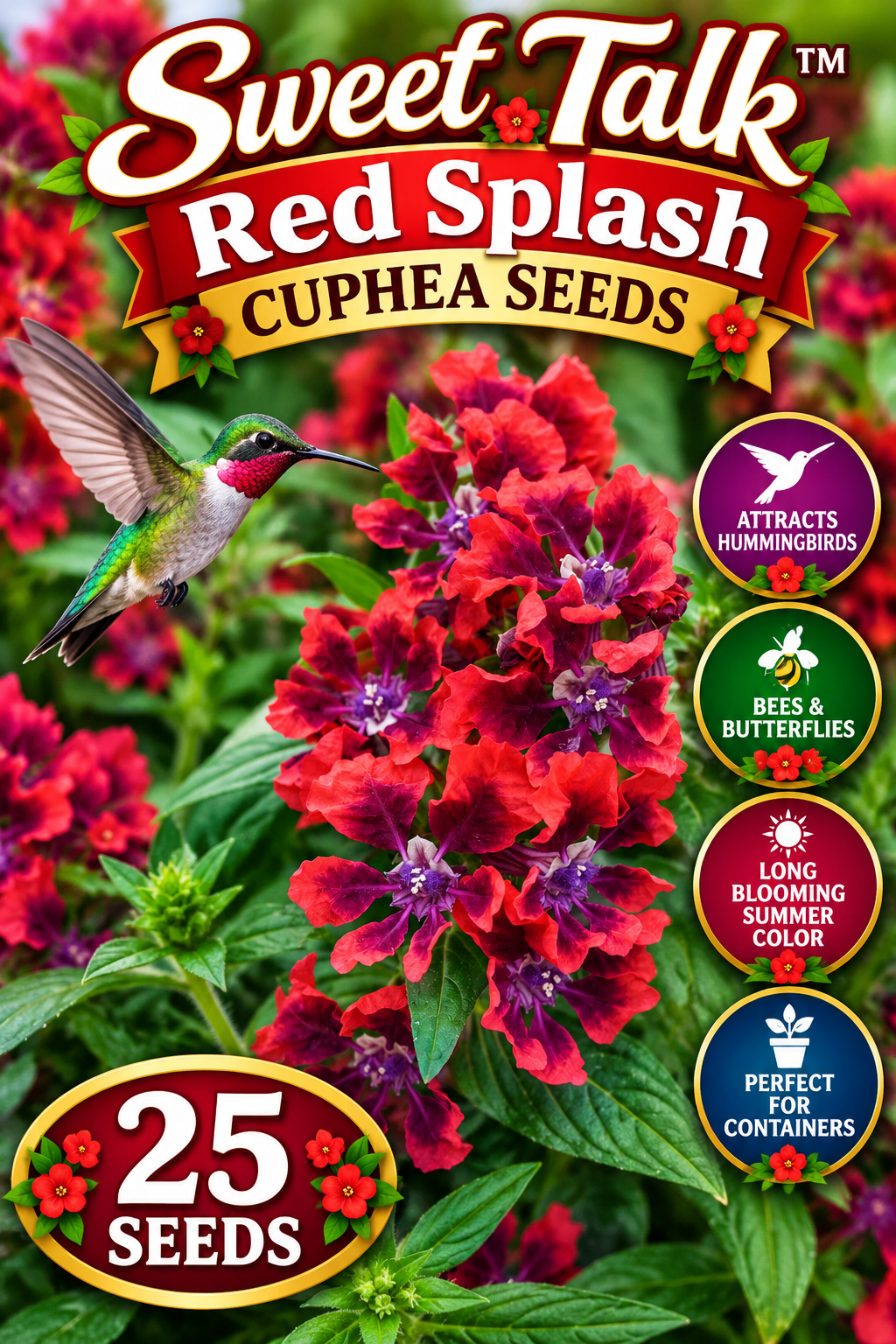 Sweet Talk Red Splash cuphea seeds promotional image with red flowers, a hummingbird, and 25-seed label