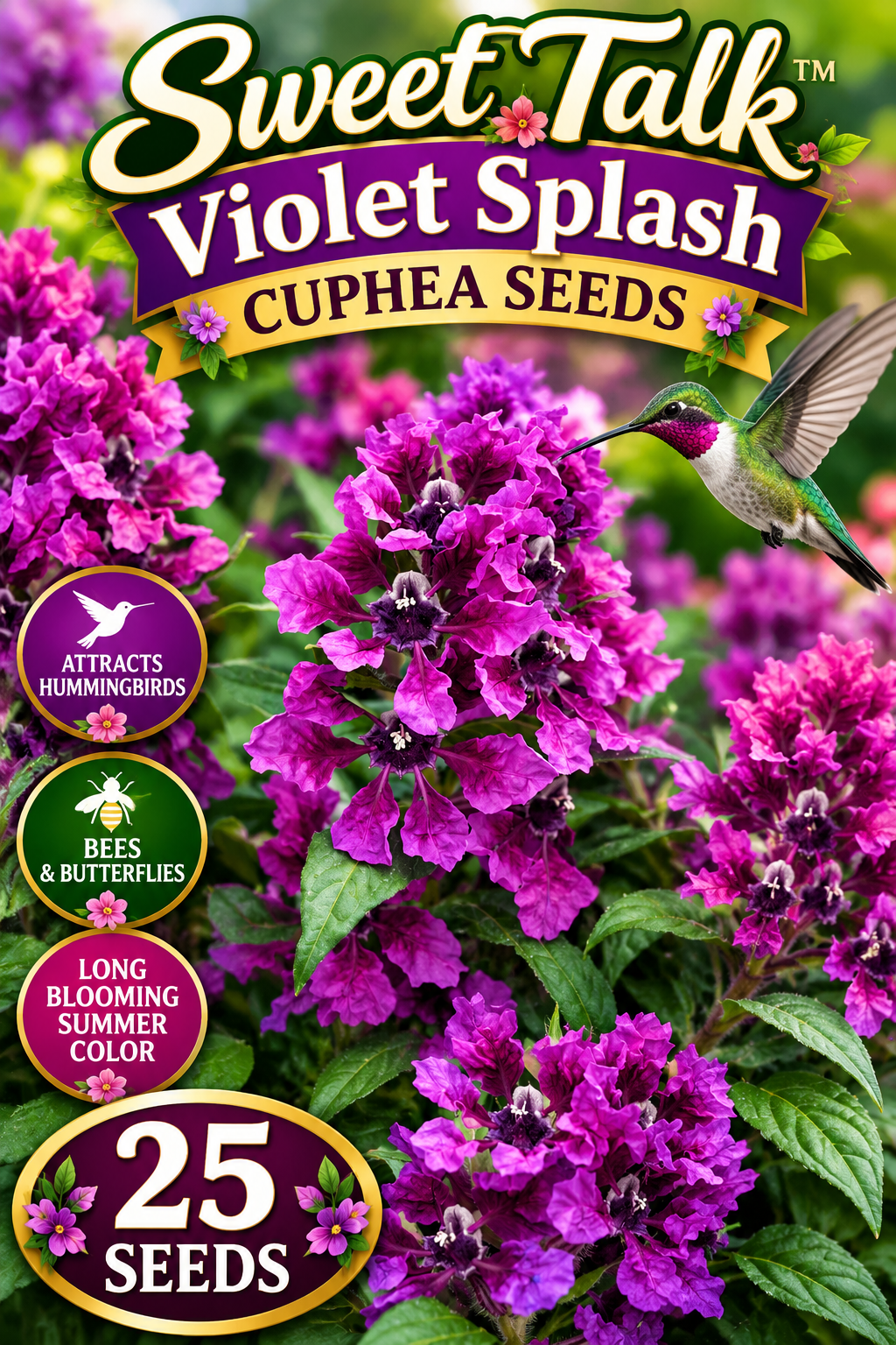Sweet Talk Violet Splash cuphea seeds promotional image with purple flowers, a hummingbird, and 25-seed label